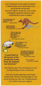 Yellow handout for The Exchange, printed with review quotes and kangaroo illustrations