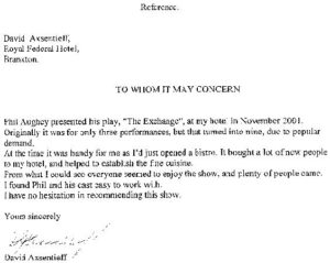 Scanned reference letter from David Axsentieff of the Royal Federal Hotel, Branxton, recommending The Exchange
